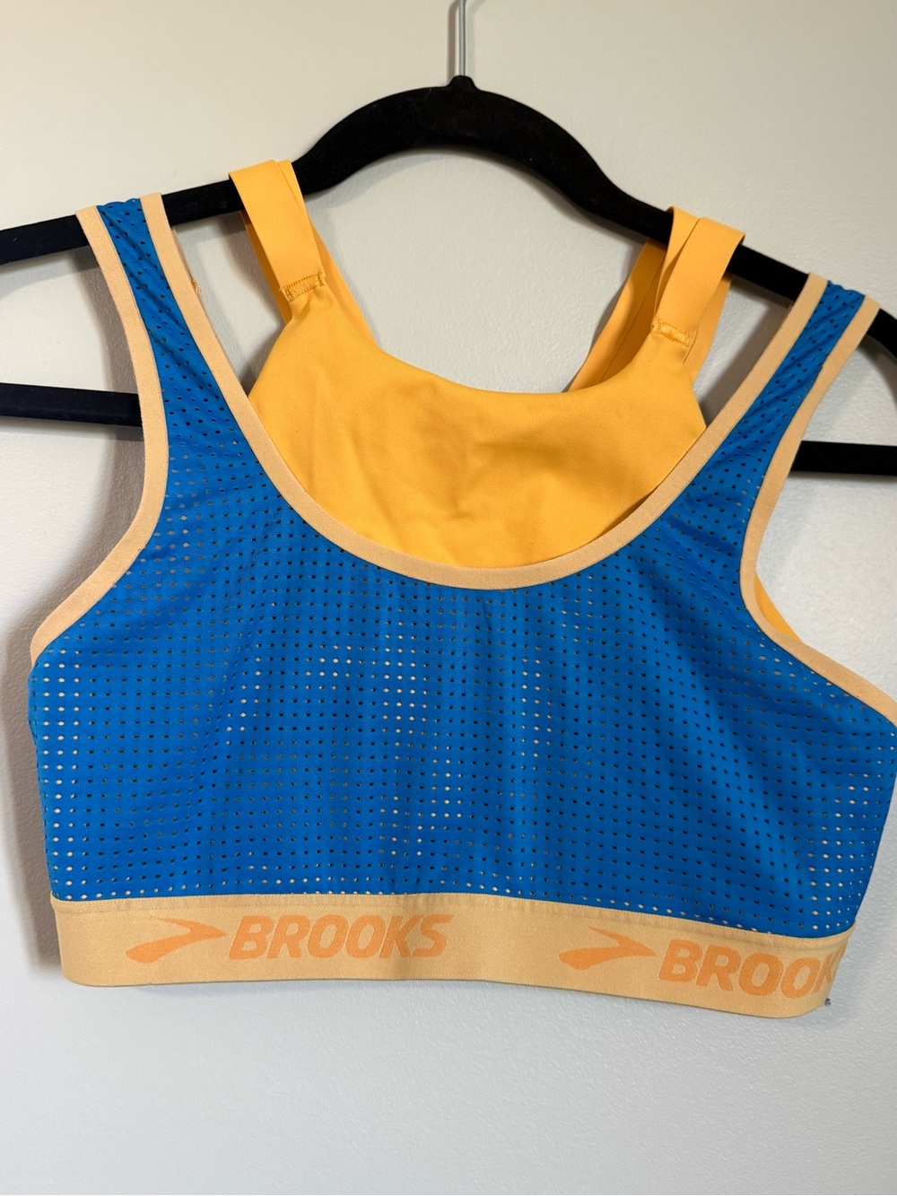 Brooks Drive Mesh Run Bra in Saffron/Blue Bolt size XS